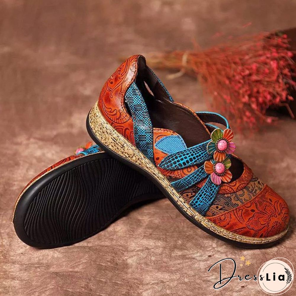 Womens Retro British Floral Leather Sandals Color Stitching Shackles Stripes 