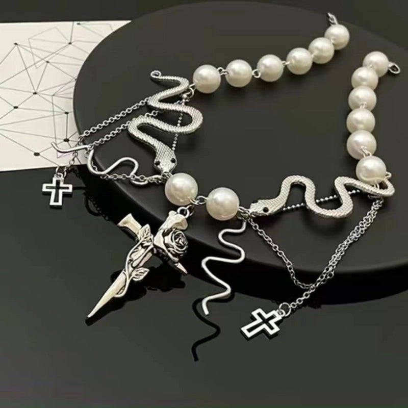 Sweet Cool Style Cross Rose Snake Imitation Pearl Alloy Plating Women's Necklace2