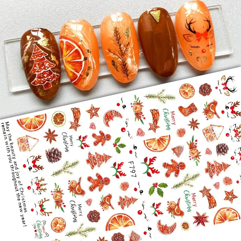 Merry Christmas 3D Nails Sticker Winter Cute Cartoon Sliders Snowflake Elk Xmas Tree Decal UV Gel Polisn Manicures Foils Decor-Nail Inspo