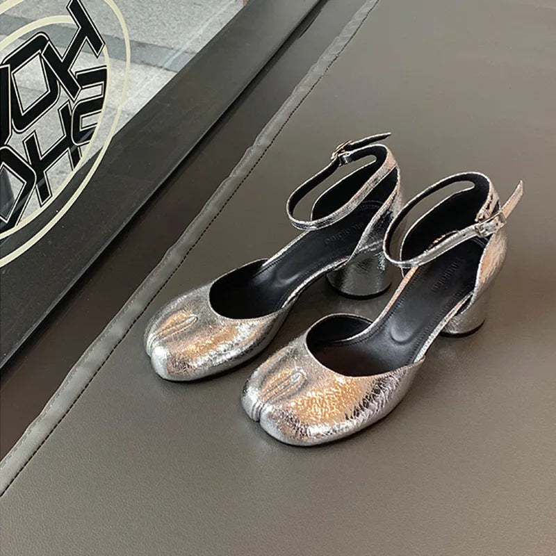 Aiertu Back  to school Modern Heels Pumps Women Round High Heel Leather Square Split Toe Pumps Shoes Spring Summer Sandals Mary Janes Shoes Heels Women Aiertu