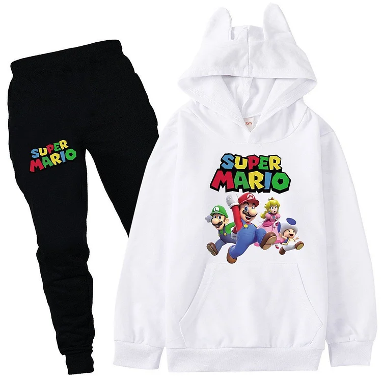 Mayoulove Super Mario Bro Print Girls Boys Cotton Hoodie Pants Sets Long Outfit-Mayoulove