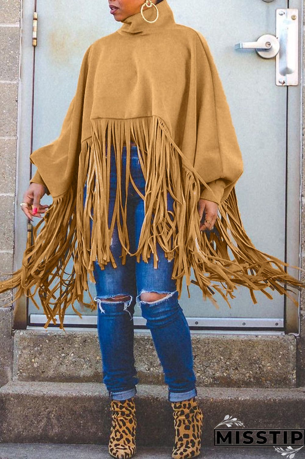 Burgundy Fashion Vintage Solid Tassel Turtleneck Plus Size Overcoat