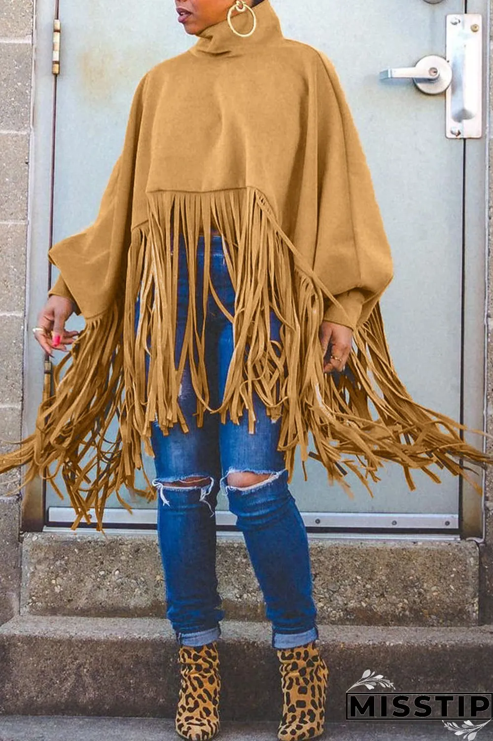 Burgundy Fashion Vintage Solid Tassel Turtleneck Plus Size Overcoat