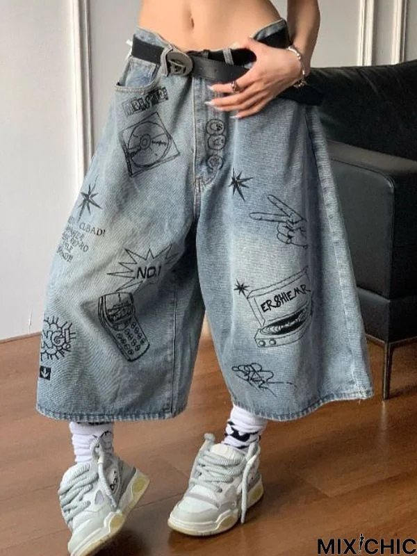 Washed Interesting Graffiti Baggy Denim Shorts