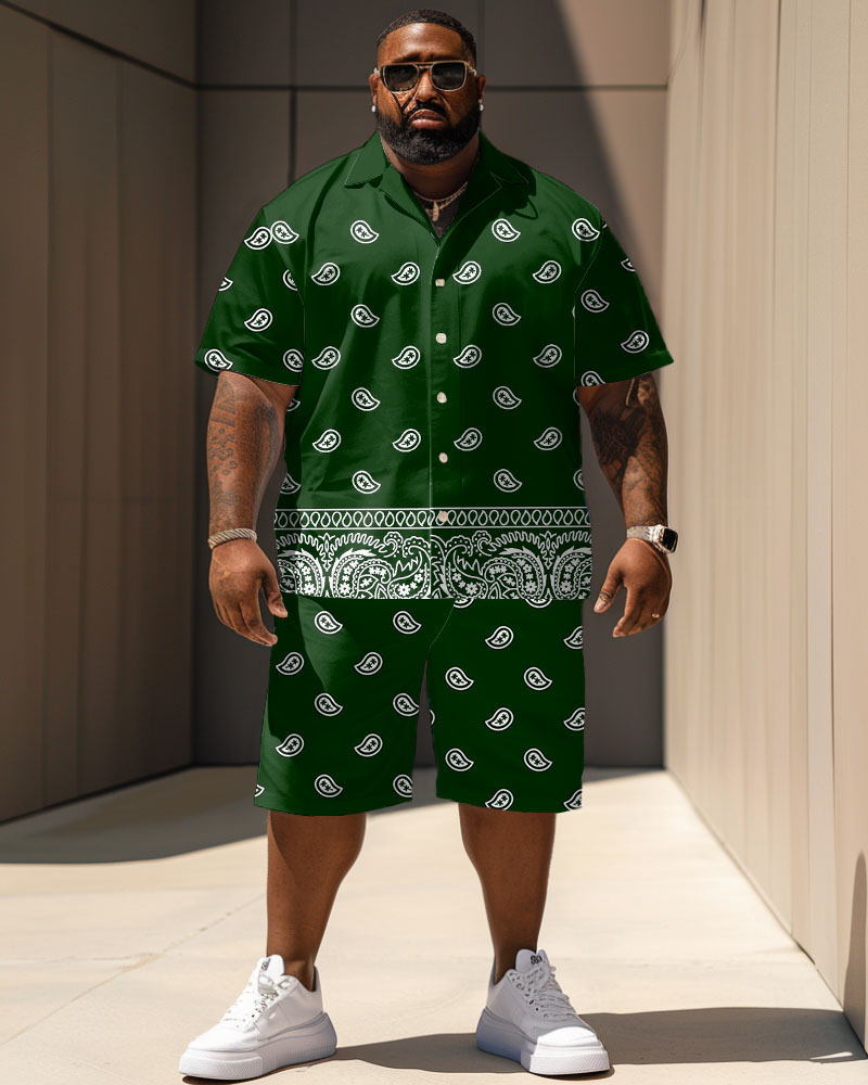Men's Plus Size Casual Vacation Vintage Green Paisley Print Shirt Shorts Set