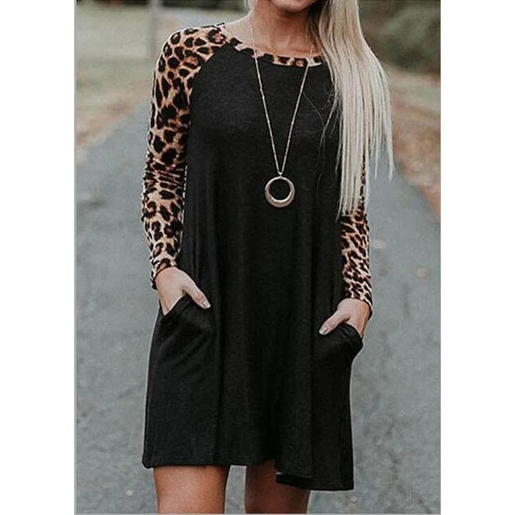 2023 Women's Autumn Leopard Splicing-Pocket Dress