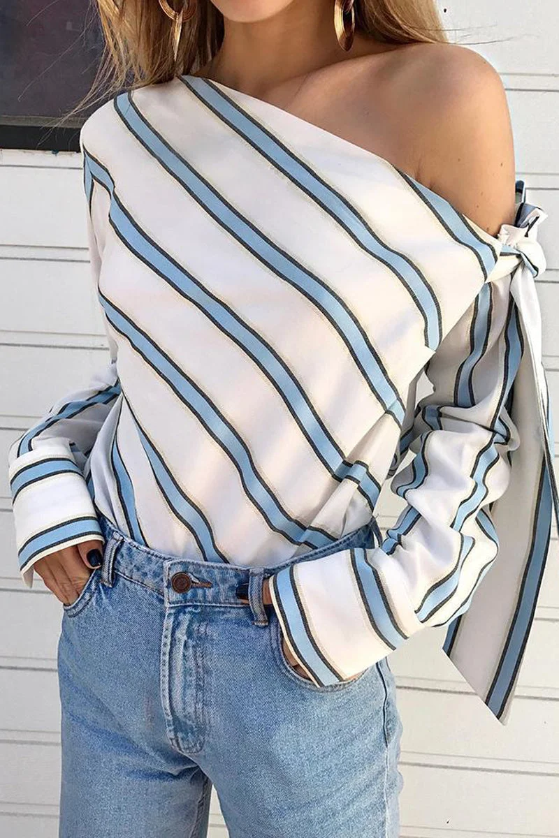 Striped Skew Neck Tie Up Blouse