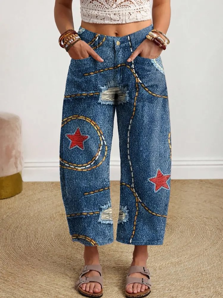 Women's Vintage Star-patterned Art Print Denim Jeans