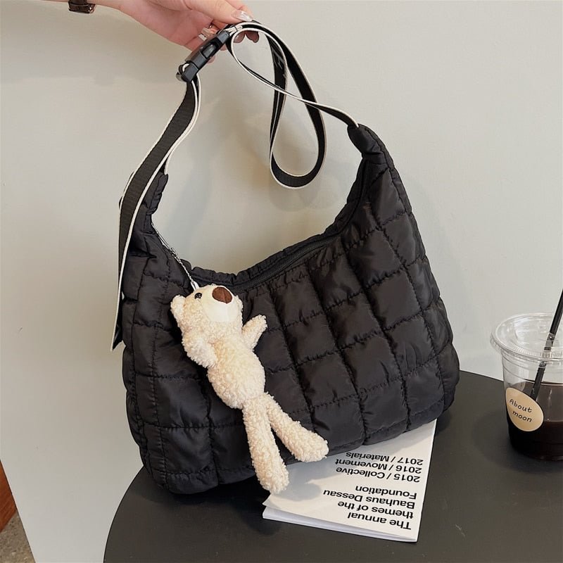 էѧӧܧ Nylon Waterproof Big Grid Soft High Capacity Shoulder Bag for Women 2021 Winter Luxury Fashion Shopper Handbags