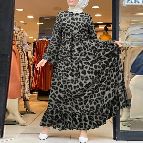 Women Muslim Dubai Islam Kaftan Flota Robe Leopar Printed Baggy Ruffle Hem Elegant Maxi Dress