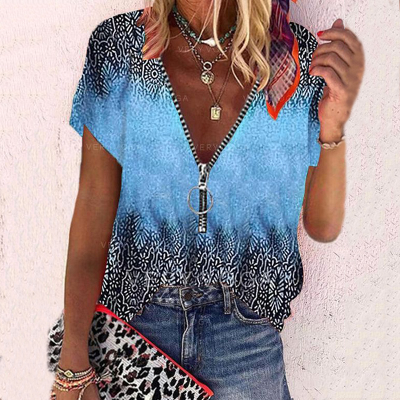  Boho Tribal Printed Color Block Zipper V Neck Blouse Westsshops