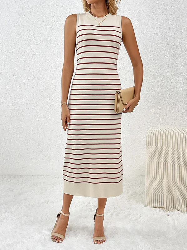Striped Sleeveless Loose Round-Neck Midi Dresses Knit Dresses