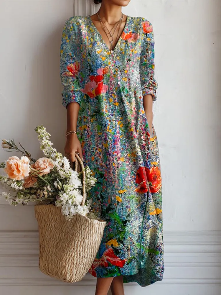 Women's Vintage Floral Art Print Casual Cotton Linen Pocket Dress