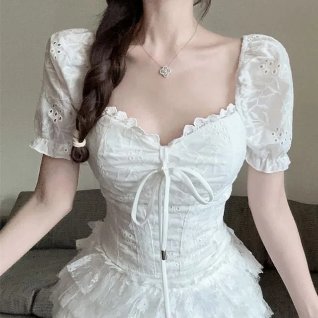 High Tie Neck Lace Eyelet Embroidered Skirt Short-Sleeve Front Mini A-Line Rise Blouse Tiered / Square