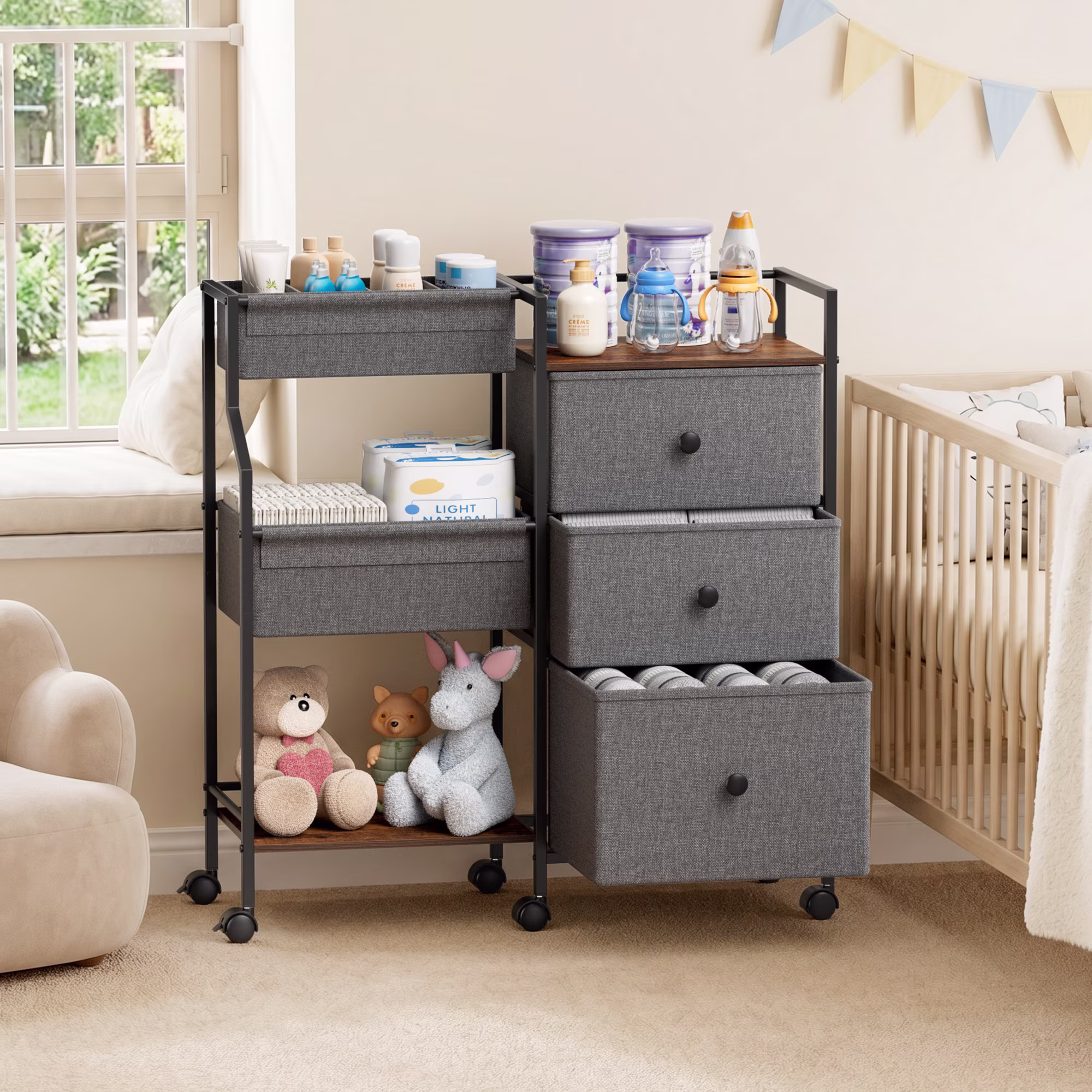 3 Tier Diaper Organizer & Storage Cart for Nursery, Bedroom, Changing Table with Dividers & Drawers