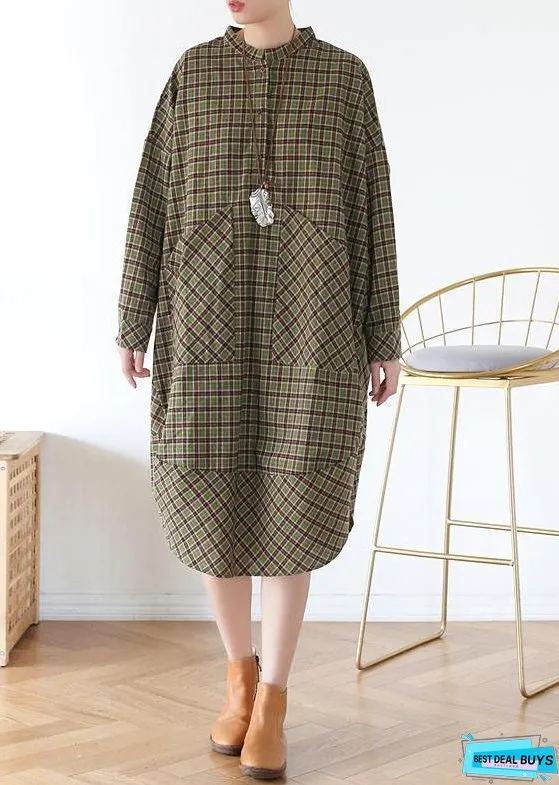 Women Green Plaid Long Shirt Mid Spring Cotton Dress
