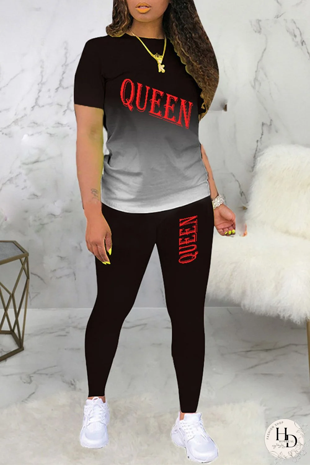 Black Fashion Casual Gradual Change Letter Print Basic O Neck Long Sleeve Two Pieces