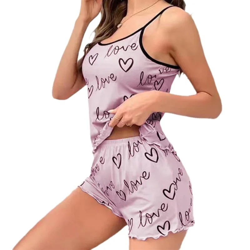 Uveng Summer Love Letter Female Pyjamas Two-Piece Sexy Sling Shorts Home
