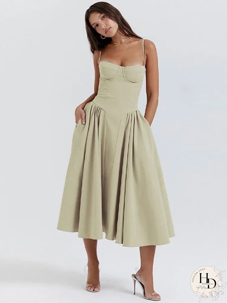 Elegant Solid Sling Long Pleated Dress Chic Sleeveless Backless A-Line Summer Party Club