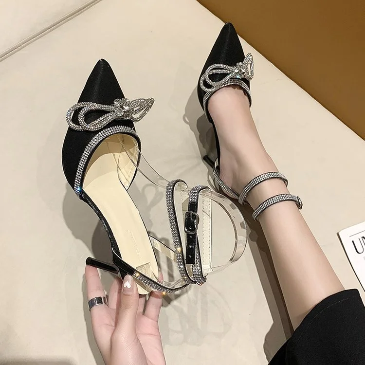 Tanguoant Tanguoant Summer New Korean Version Sweet Bow Water Diamond One Word Buckle High Heel Sandals Baotou Thin Heel Women's Shoes