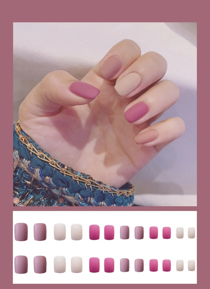 24pcs Dark Coffee Fake Nails Orange And Yellow Two-tone Matte Polish False Nail Patch Round Ballet Nail Tips Glue Wear Manicure-Nail Inspo