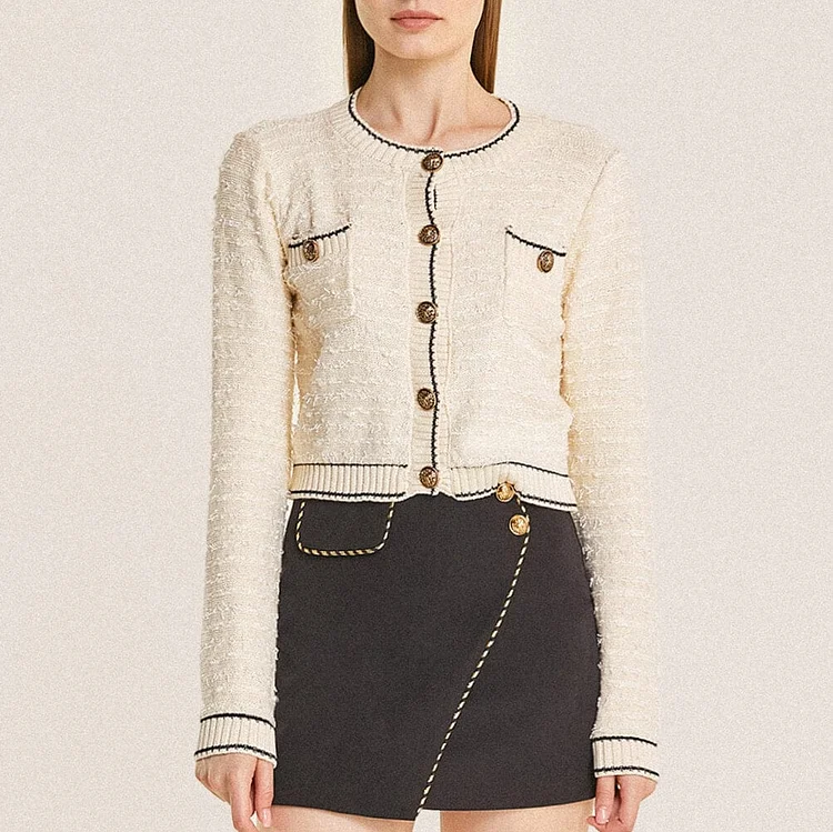 Beige Contrast Trim Button-Up Frayed Cardigan QueenFunky