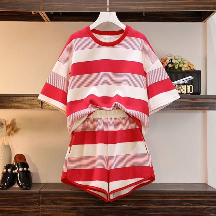 Stripe Colorblock T-Shirt Shorts Casual Set - Modakawa Modakawa