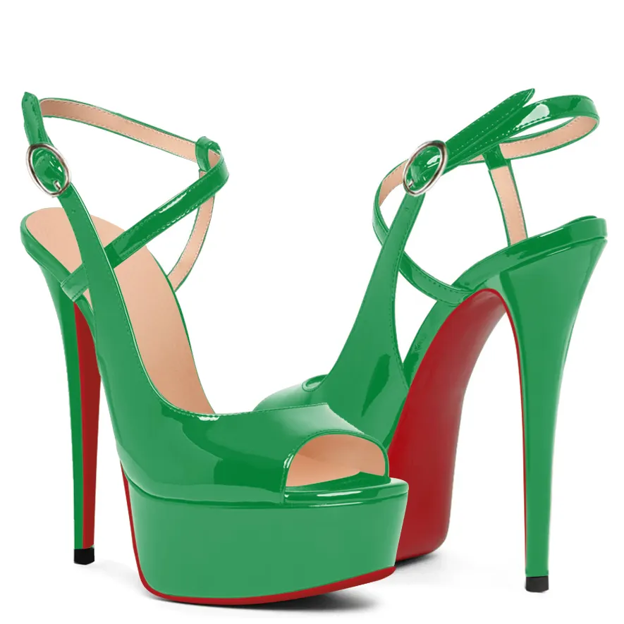 150mm Women Slingback Pumps Patent Ankle Strap Stiletto Peep Toe Dress Red Bottoms Shoes-vocosishoes