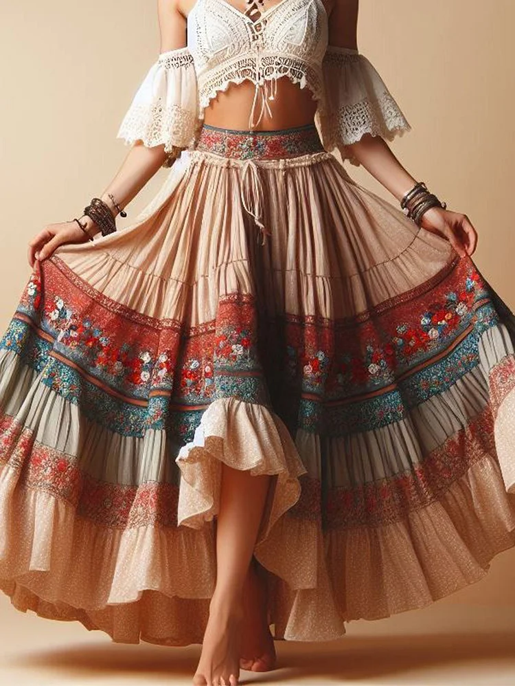 Vintage Boho Allover Flare Irregular Hem Maxi Skirt