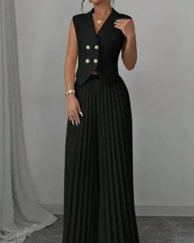 Lapel Button Top Pleated Pants Two-Piece Set