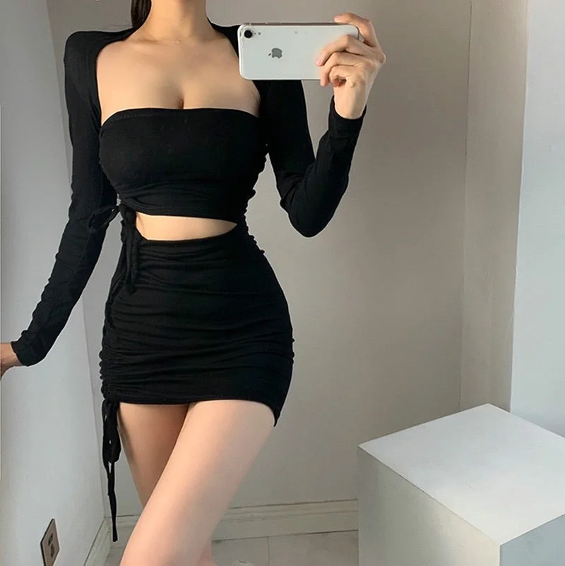 WOMENGAGA sexy low chest Strapless drawstring lace show thin cardigan full sleeve tops + hgih waist sexy mini dress set CA5V