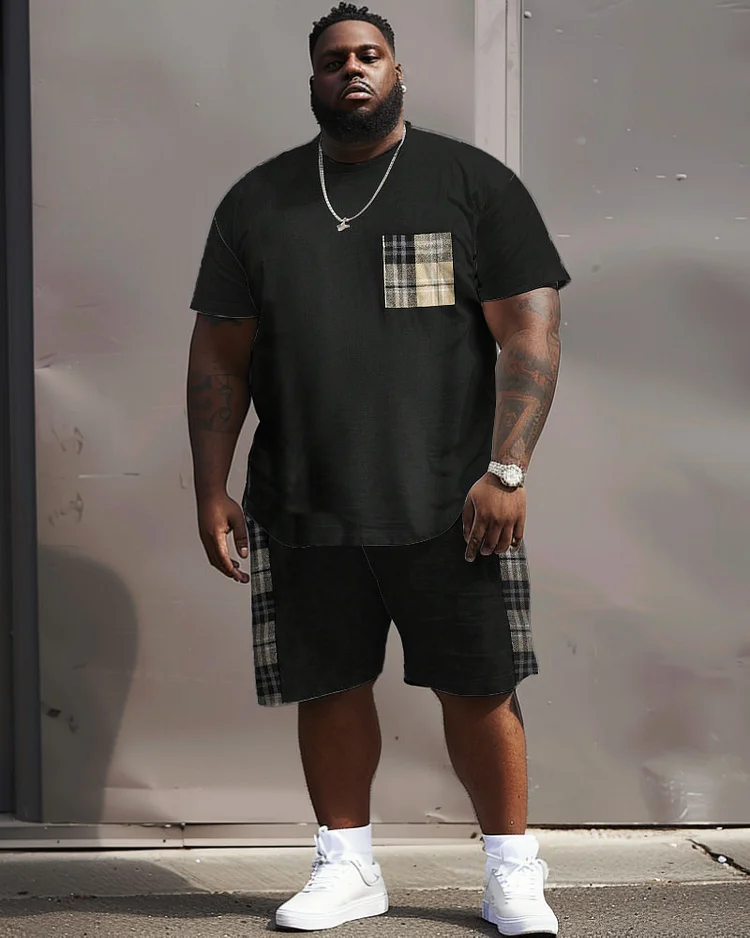 Men's Plus Size Casual Simple Plaid Pocket Printed T-shirt Shorts Suit