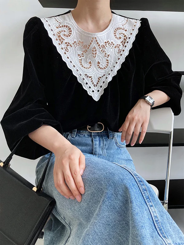 Urban Puff Sleeves Hollow Split-Joint Round-Neck Blouse Top
