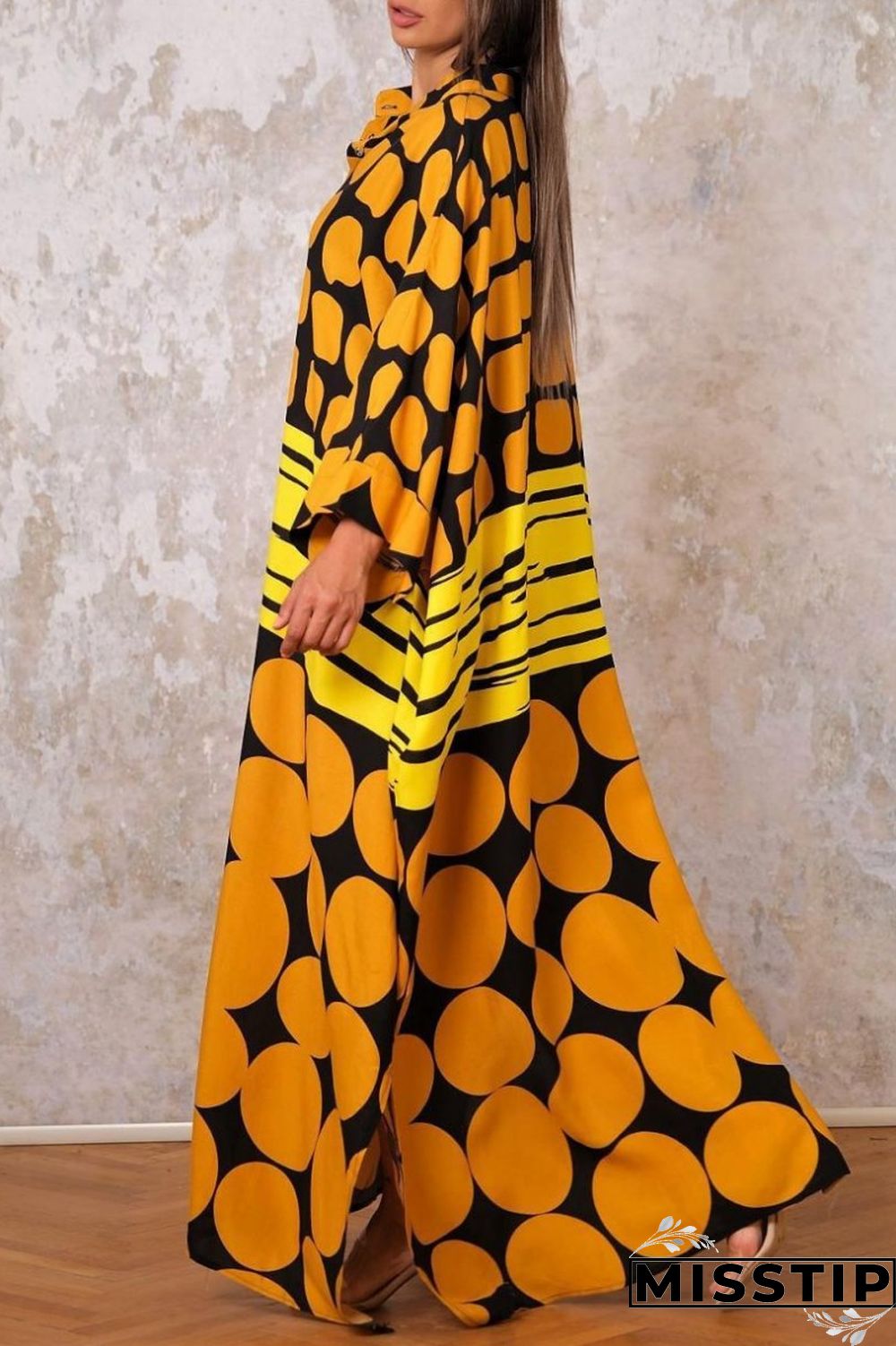 Yellow Casual Print Patchwork O Neck Long Dress Dresses