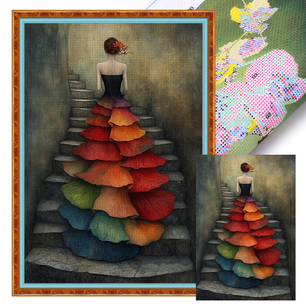Girl walking up the stairs Full 11CT Pre-stamped Canvas(40*60cm) Cross Stitch