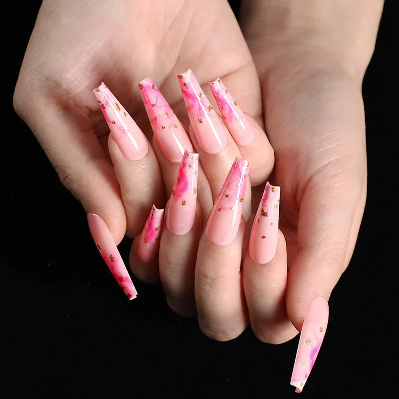 24pcs/box fake nails with glue designed colourful Gold thread rainbow paragraph press on nails coffin girls nail tips stick-on-Nail Inspo