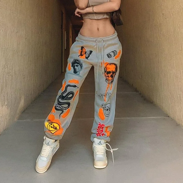 Y2K Women Sweat Pant Harajuku Cartoon Printed Trousers E-girl Jogger Drawstring Cargo Pant Streetwear  Hip Hop Casual Sweatpant