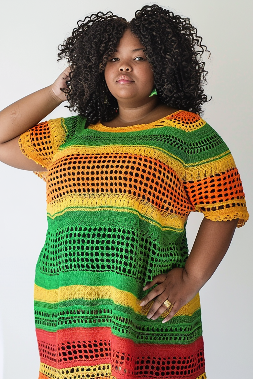 Design Plus Size Vacation Multicolor Colorblock Round Neck Short Sleeve Cut Out Crochet Midi Dresses [Pre-Order]