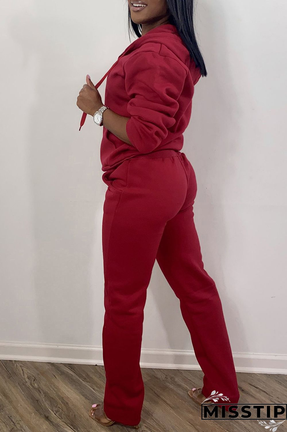 Red Fashion Casual Solid Basic Hooded Collar Long Sleeve Two Pieces