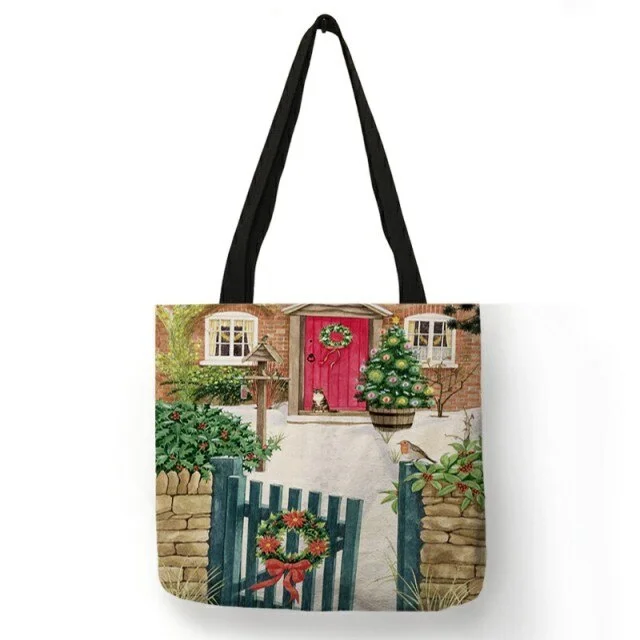 Linen Eco-friendly Tote Bag -  Christmas Snow Scenery