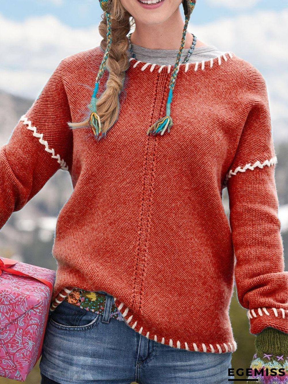 Blue Casual Knitted Plus Size Sweater | EGEMISS