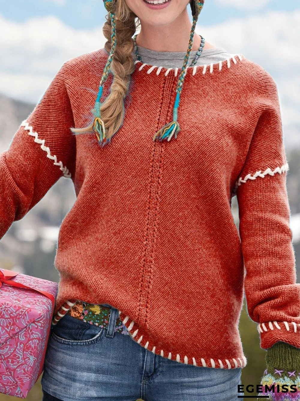 Blue Casual Knitted Plus Size Sweater | EGEMISS