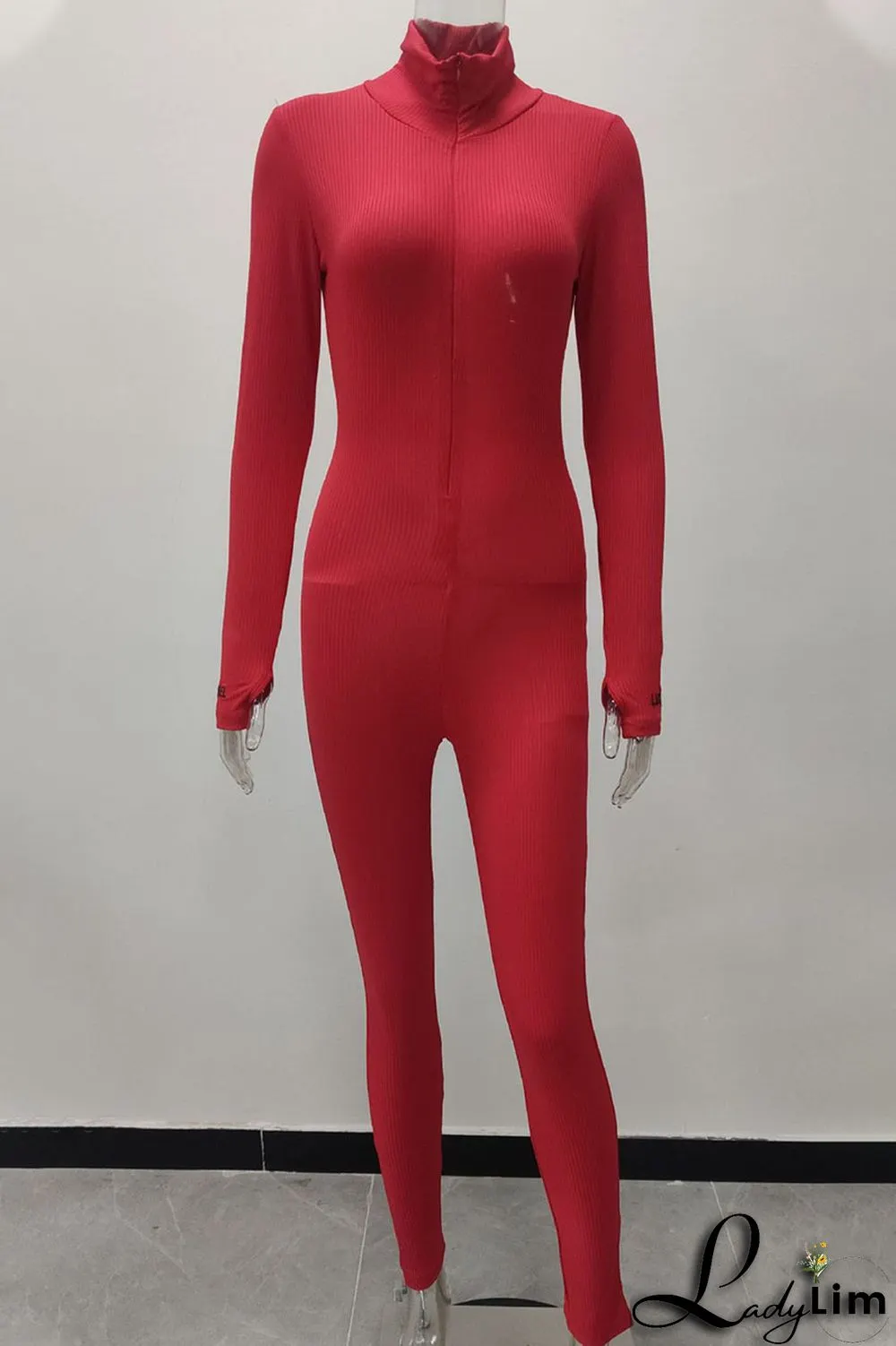Orange Casual Solid Zipper Embroidered Half A Turtleneck Regular Jumpsuits