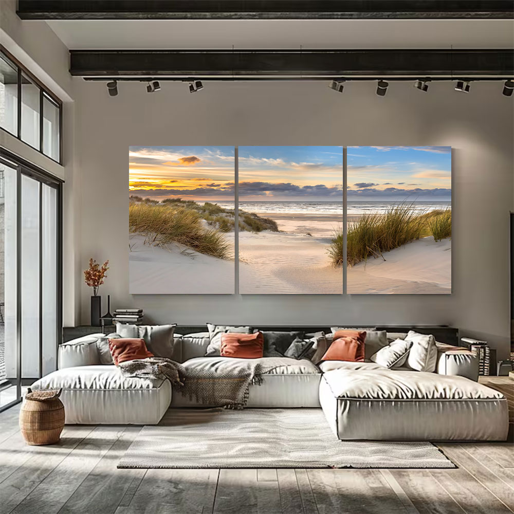 3-Piece Set Sandy Beach Dunes With Grass And Calm Sea Canvas Art