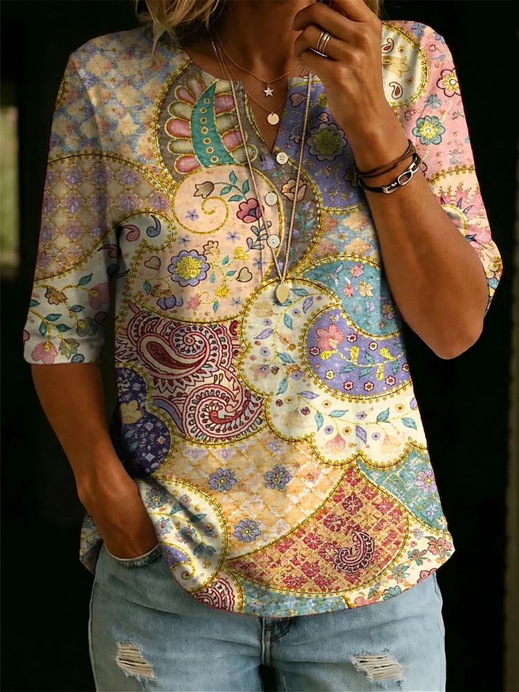 Women&rsquo;s Floral Pattern Art Casual Classic Henley Collar 100% Cotton T-shirt