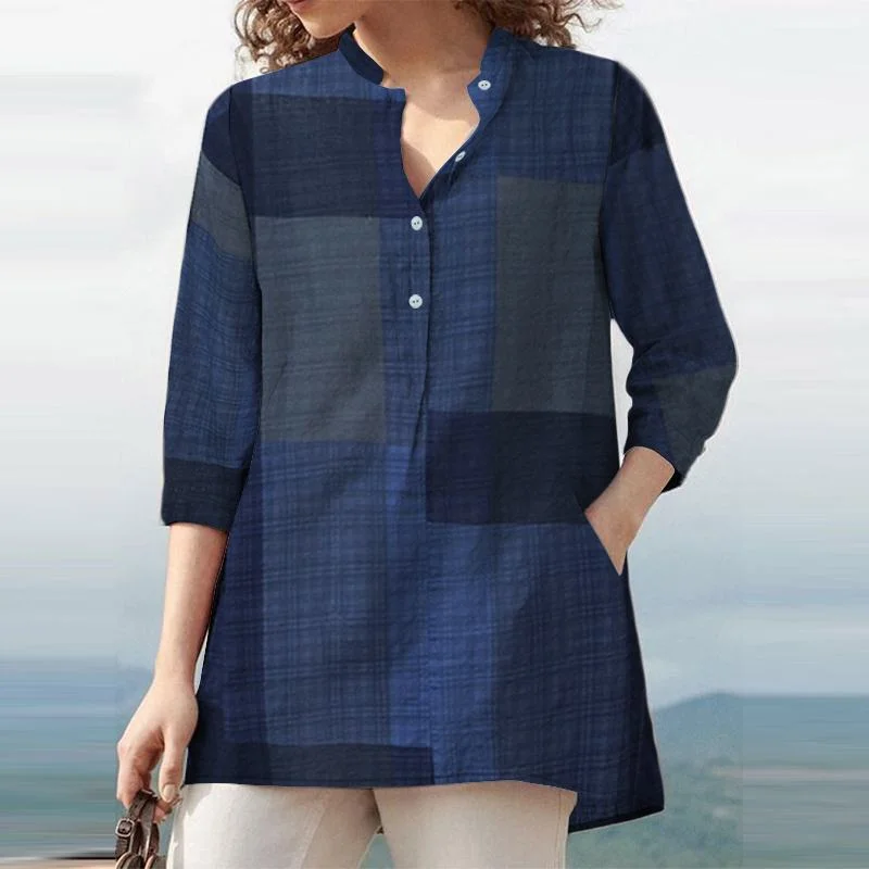 ZANZEA Elegant Shirt Women Plaid Checked Blouse Summer 3/4 Sleeve Vintage Tunic Tops Female OL Work Blusas Casual Chemise S-