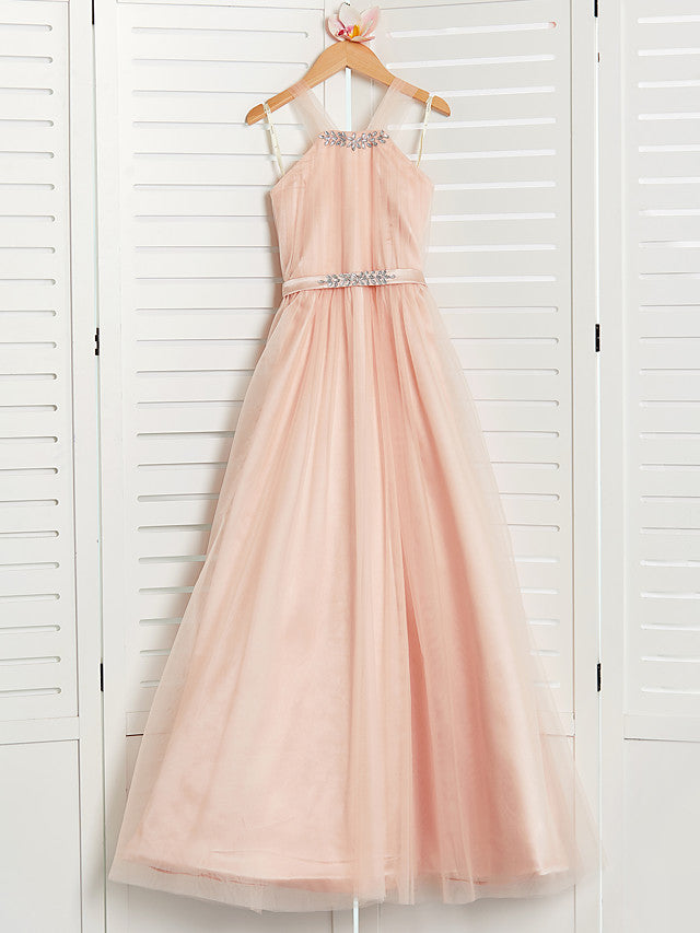 A-Line Halter Neck Maxi Tulle Junior Bridesmaid Dress With Sash / Ribbon / Beading / Wedding Party