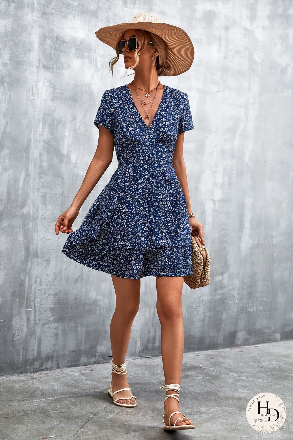 Ditsy Floral V-Neck Short Sleeve Dress