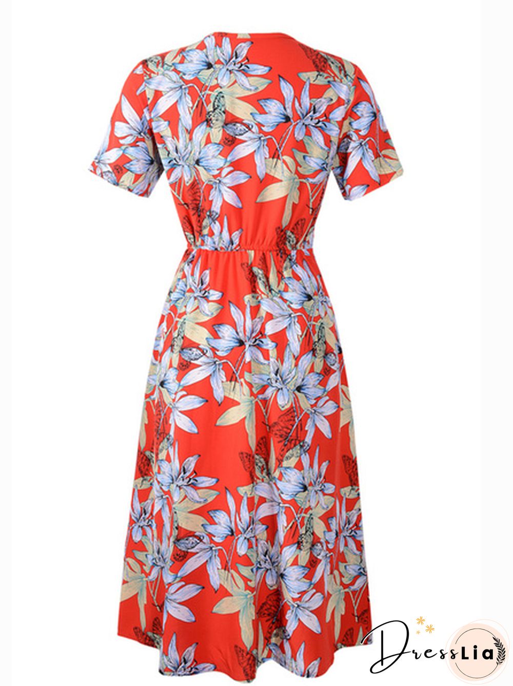 Floral Print V-Neck Half Elastic Waist Dress