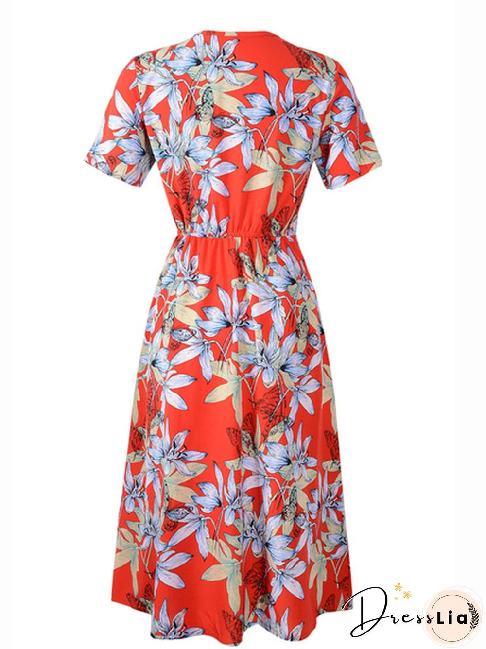 Floral Print V-Neck Half Elastic Waist Dress